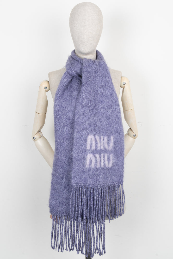 MIU MIU Fringed Logo Scarf Mohair Purple