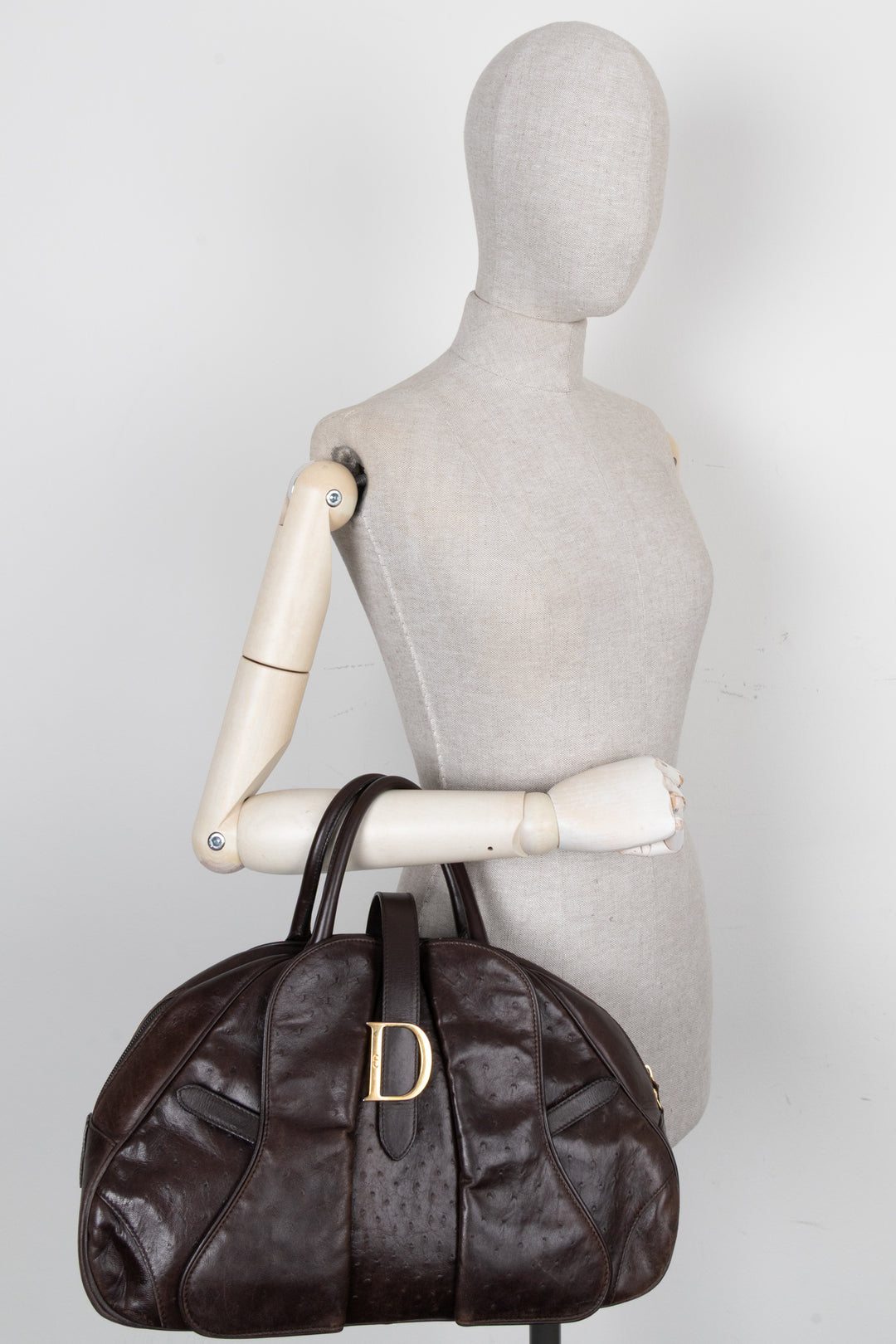 CHRISTIAN DIOR Double Saddle Bowler Bag Ostrich Brown