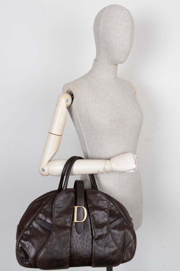 CHRISTIAN DIOR Double Saddle Bowler Bag Ostrich Brown