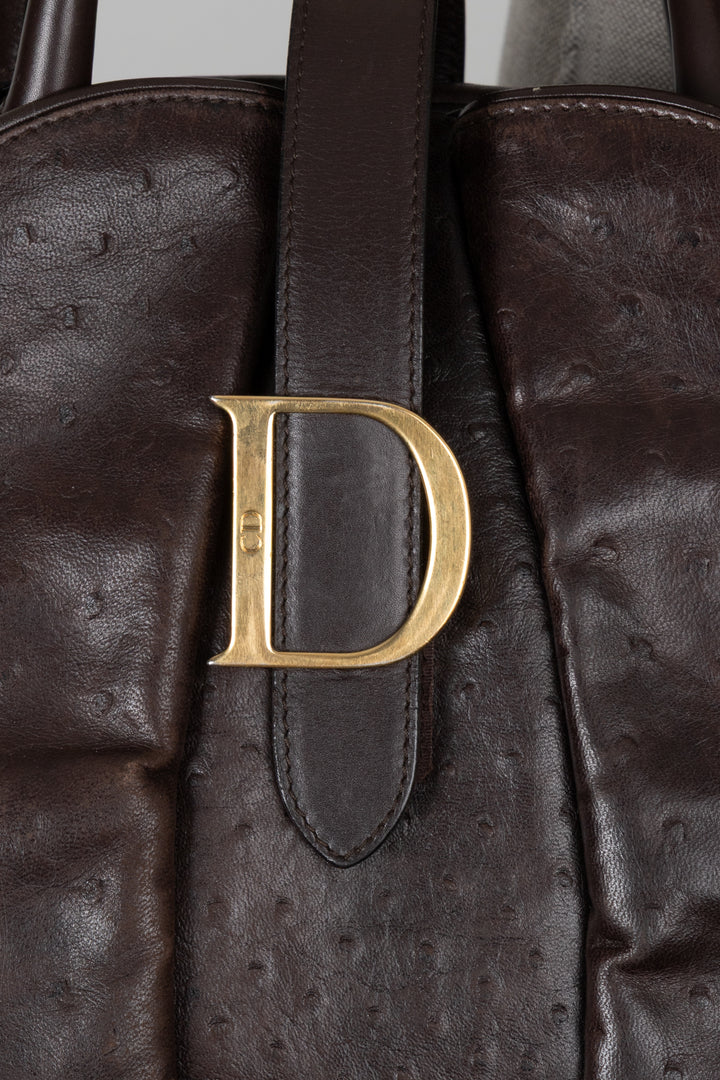 CHRISTIAN DIOR Double Saddle Bowler Bag Ostrich Brown