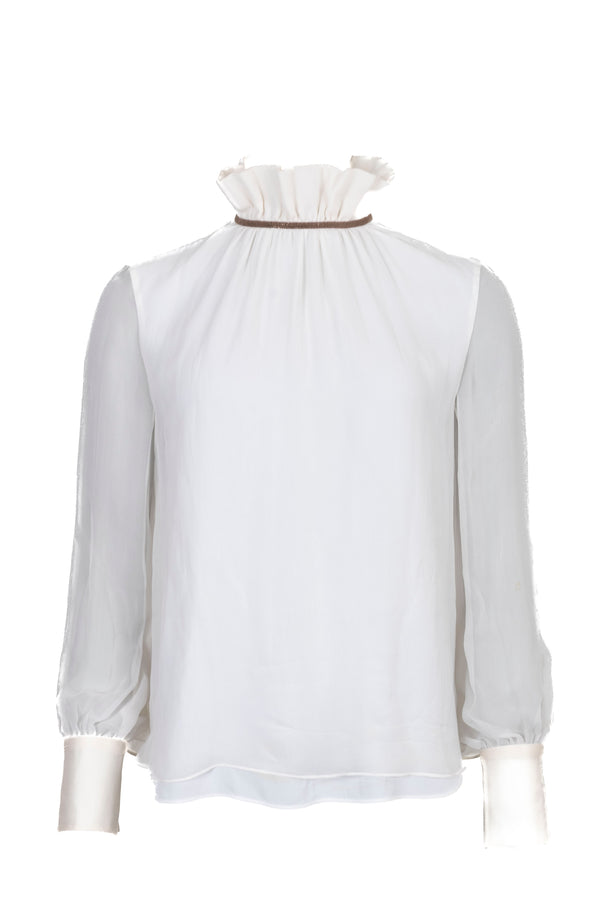 BRUNELLO CUCINELLI Long Sleeve Silk Ivory