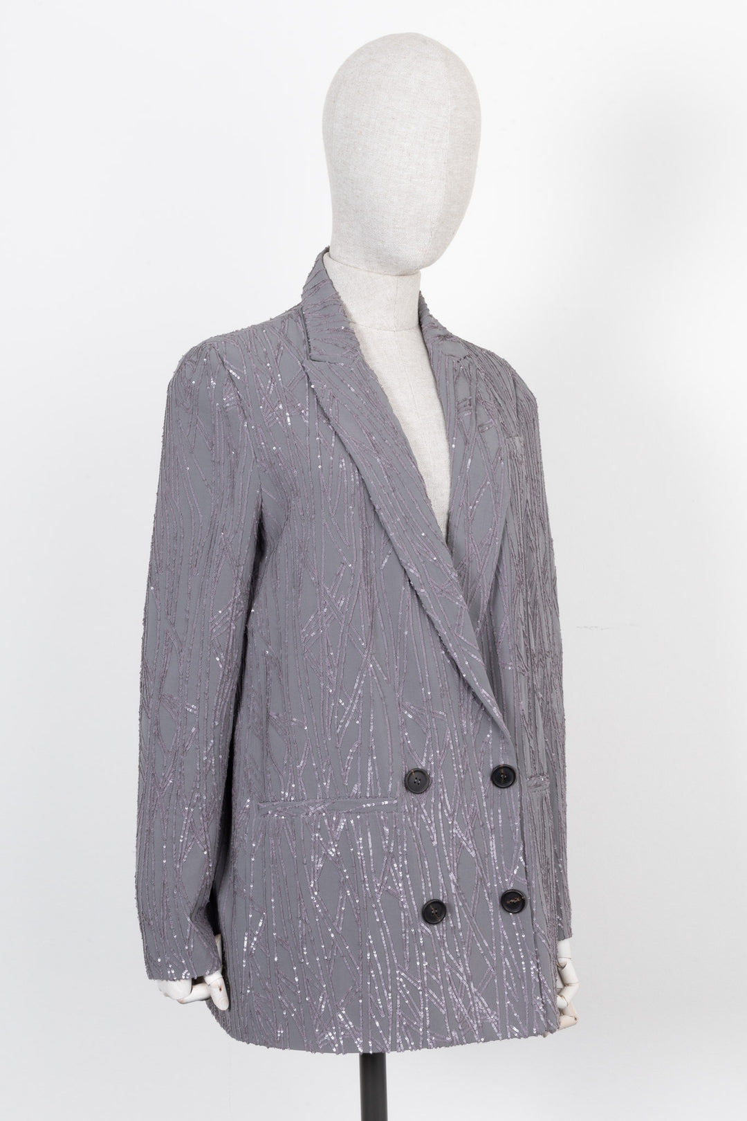 BRUNELLO CUCINELLI Double Breasted Jacket Sequin Silk Grey