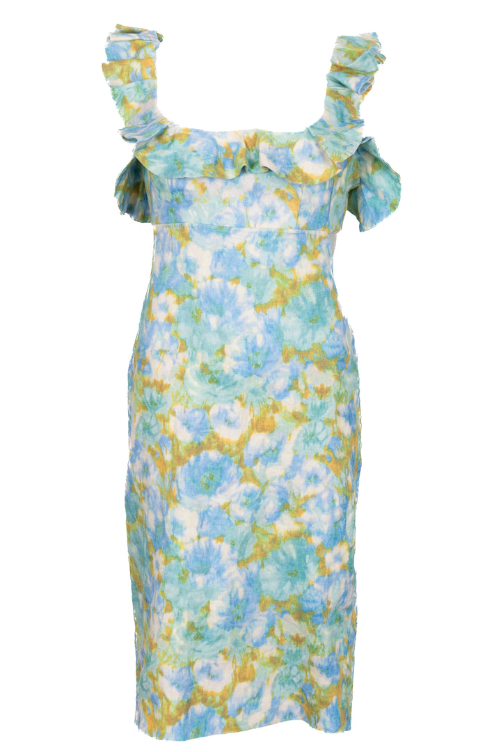 ZIMMERMANN High Tide Ruffled Midi Dress Linen Blue Green