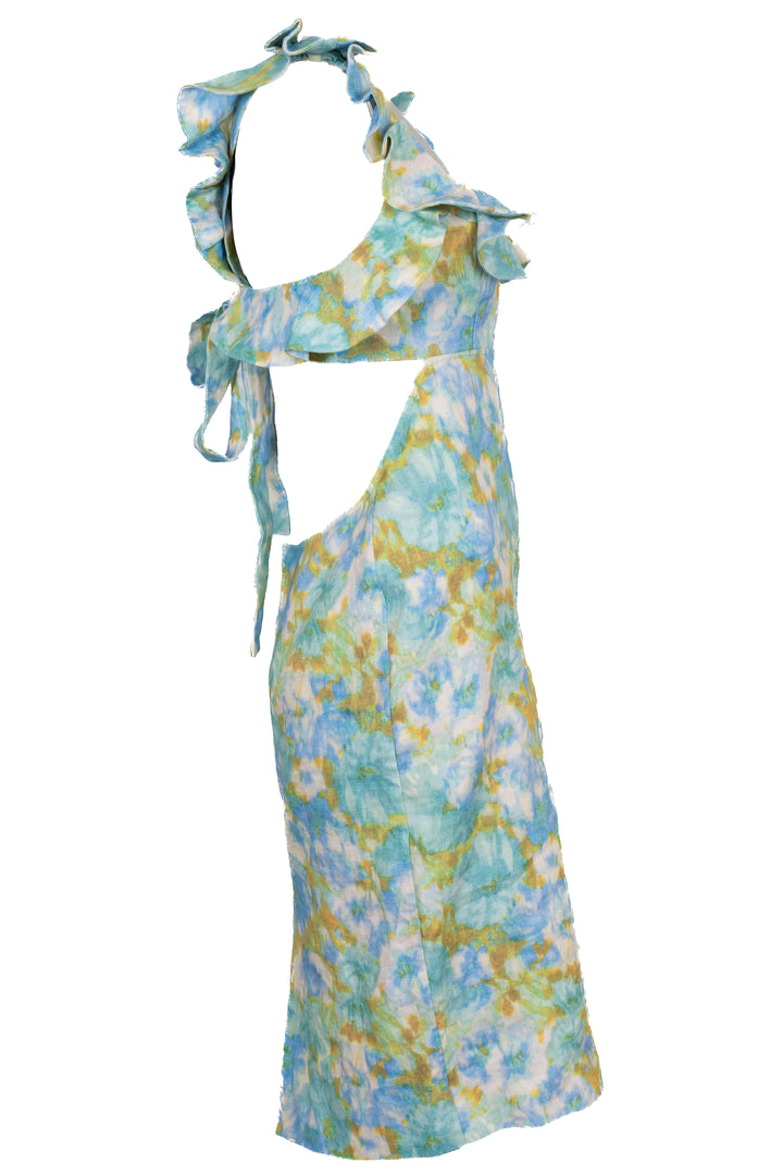 ZIMMERMANN High Tide Ruffled Midi Dress Linen Blue Green