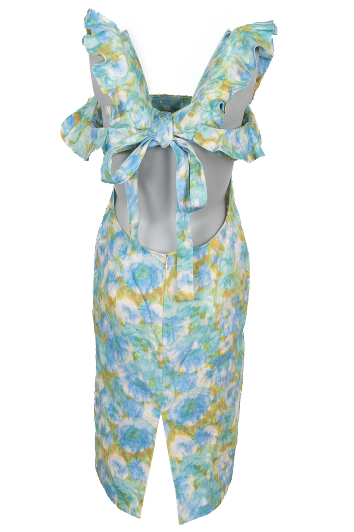 ZIMMERMANN High Tide Ruffled Midi Dress Linen Blue Green