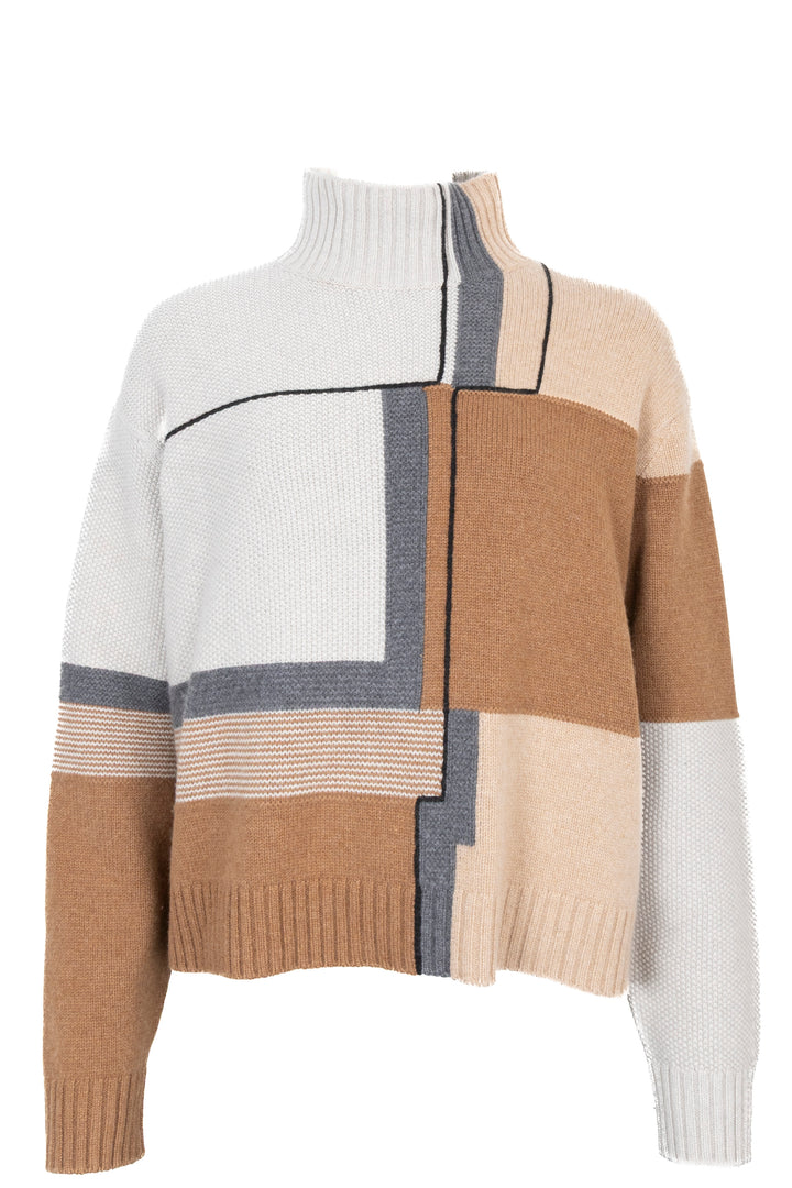 LORO PIANA High Neck Geometric Print Knit Cashmere Brown Grey