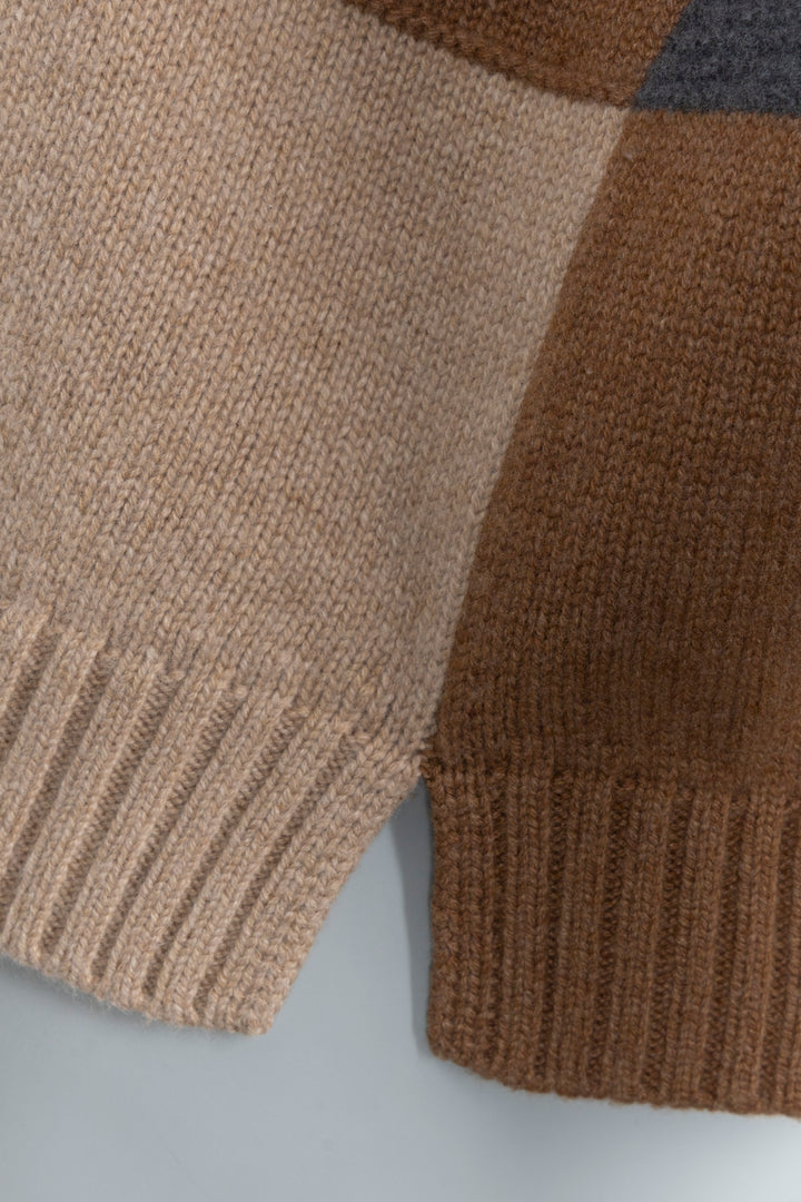 LORO PIANA High Neck Geometric Print Knit Cashmere Brown Grey