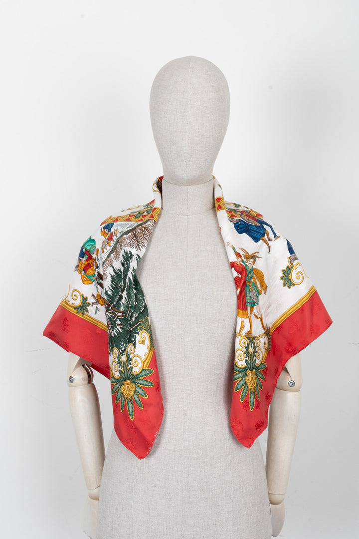 HERMÈS Joies d'Hiver Carré 90 Soie Rouge Blanc