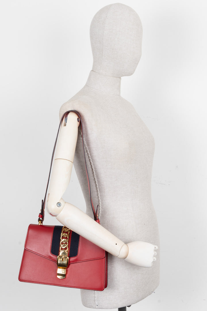 GUCCI Sylvie Hand Bag Small Leather Red