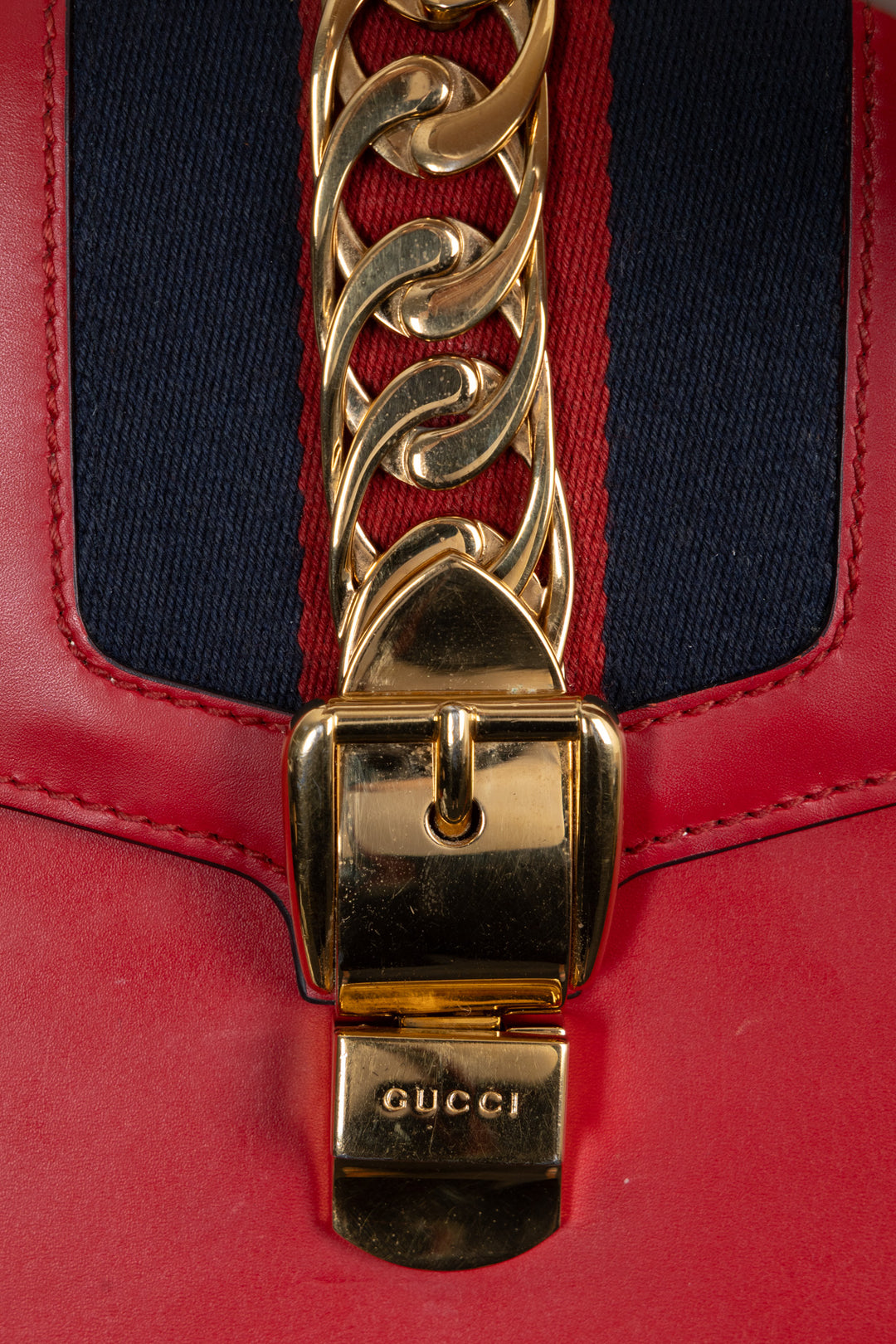 GUCCI Sylvie Hand Bag Small Leather Red