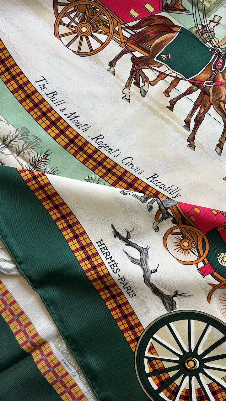 HERMÈS L'Hiver En Poste 90 Scarf Silk Green