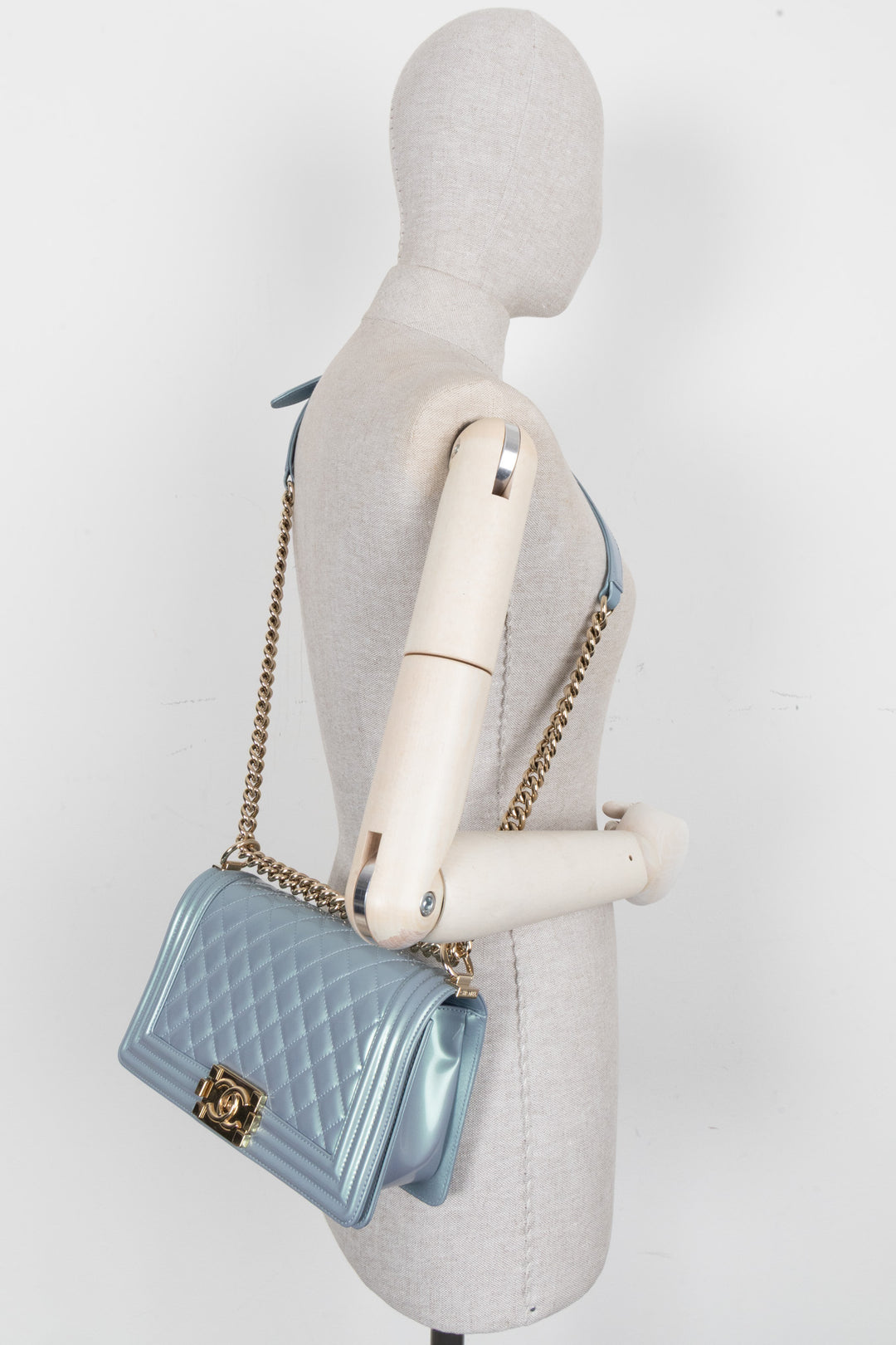 CHANEL Boy Bag Medium Patent Iridescent Blue