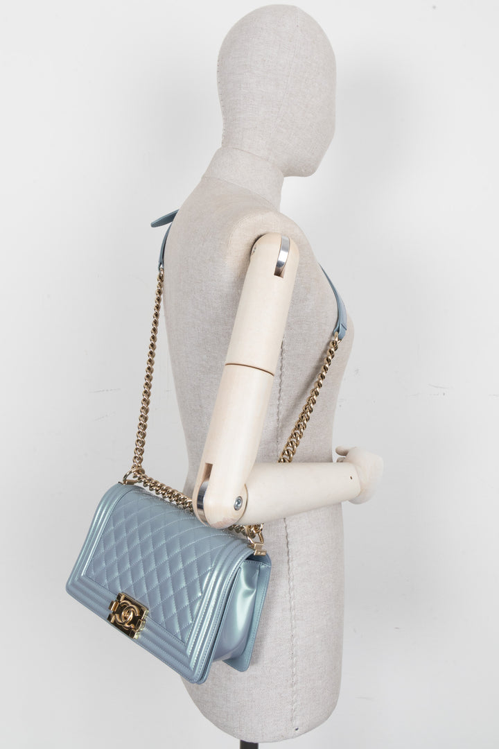 CHANEL Boy Bag Medium Patent Iridescent Blue