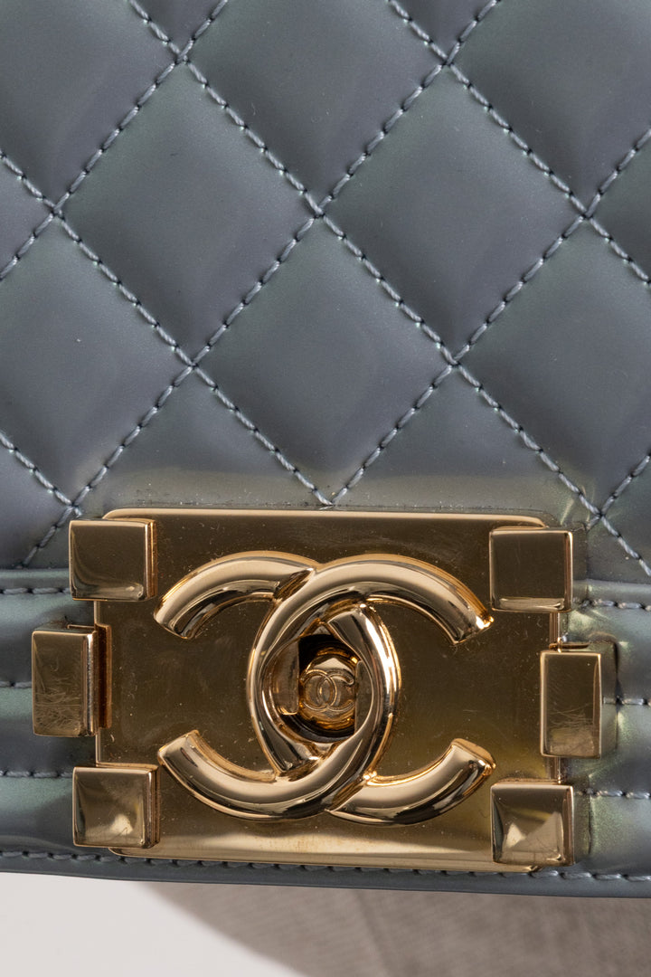 CHANEL Boy Bag Medium Patent Iridescent Blue
