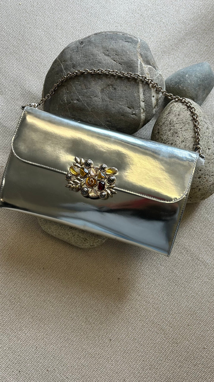 CHRISTIAN DIOR Embellished Clutch Patent Silver