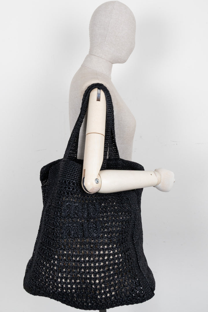 MIUMIU Logo Raffia Tote Bag Black