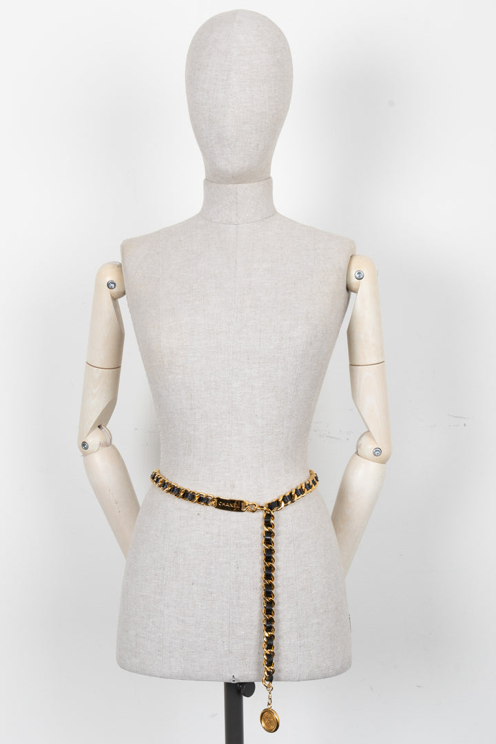 CHANEL Chain Belt Leather Gold Black