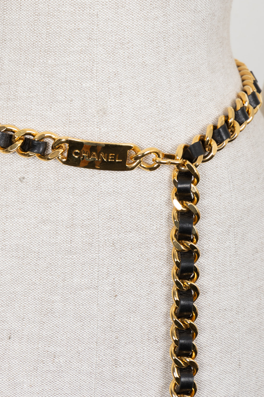 CHANEL Chain Belt Leather Gold Black