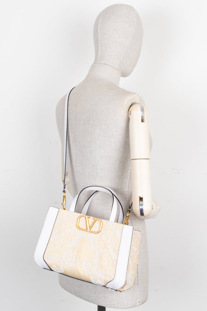 VALENTINO V'Logo Beaded Signature Top Handle Bag Small White