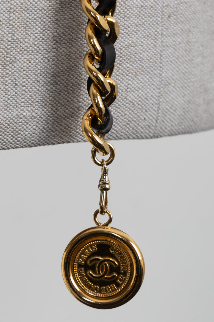 CHANEL Chain Belt Leather Gold Black