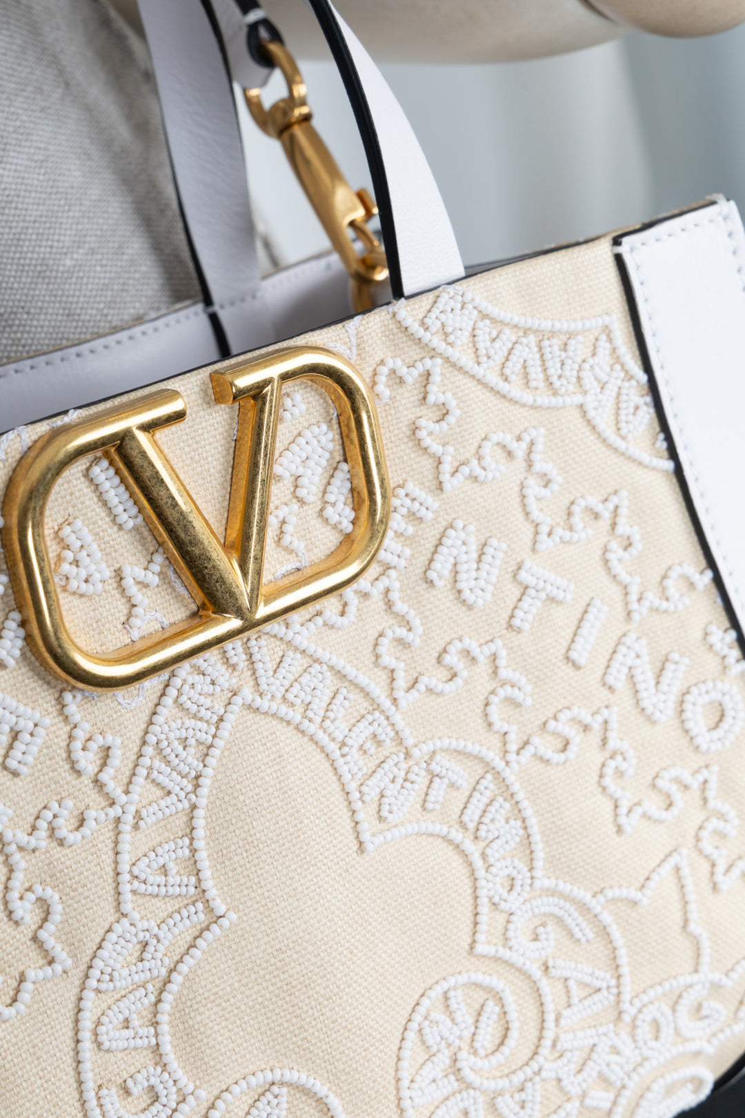 VALENTINO V'Logo Beaded Signature Top Handle Bag Small White