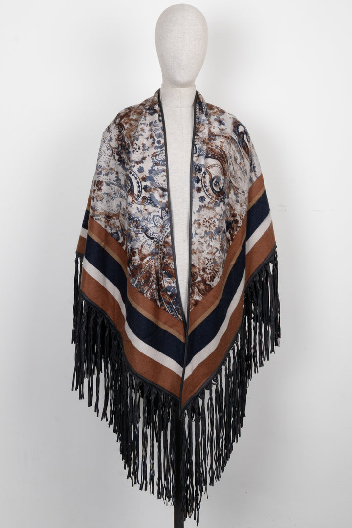LORO PIANA Leather Fringed Paisley Print Triangle Scarf Cashmere
