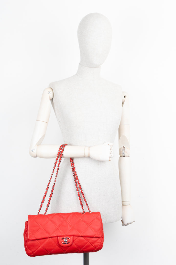 CHANEL Stitched Single Flap Red