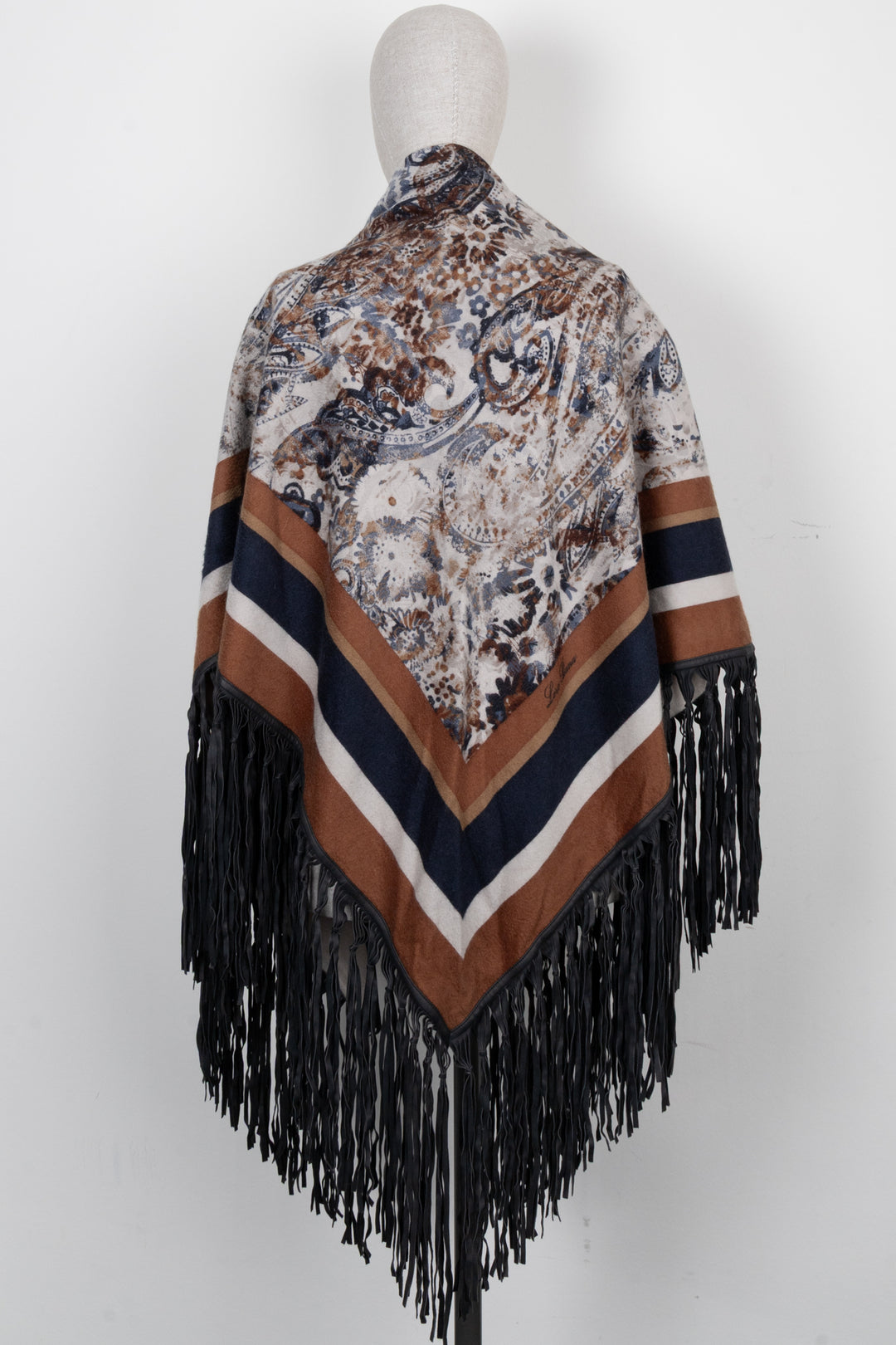 LORO PIANA Leather Fringed Paisley Print Triangle Scarf Cashmere