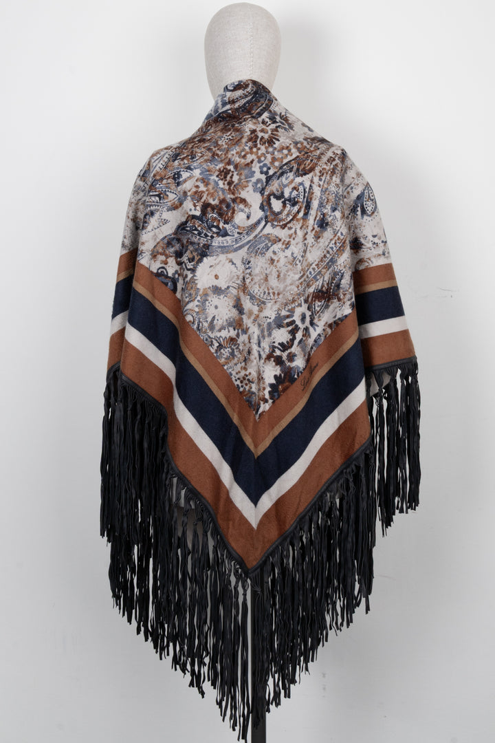 LORO PIANA Leather Fringed Paisley Print Triangle Scarf Cashmere