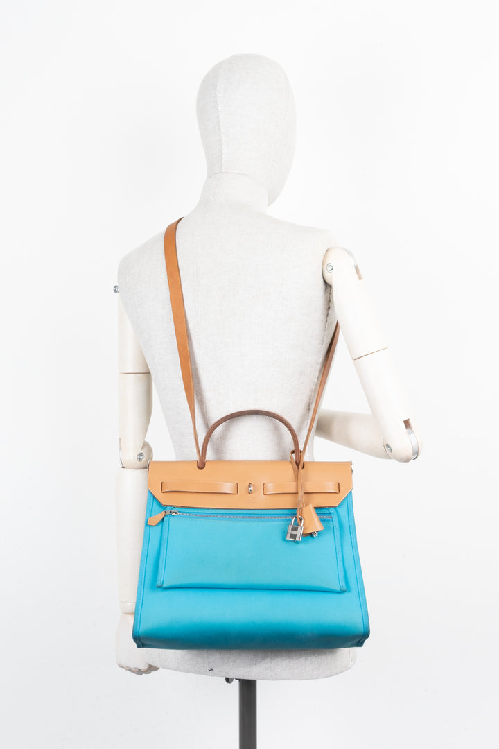 HERMÈS Herbag 31 Turquoise With Tan Leather