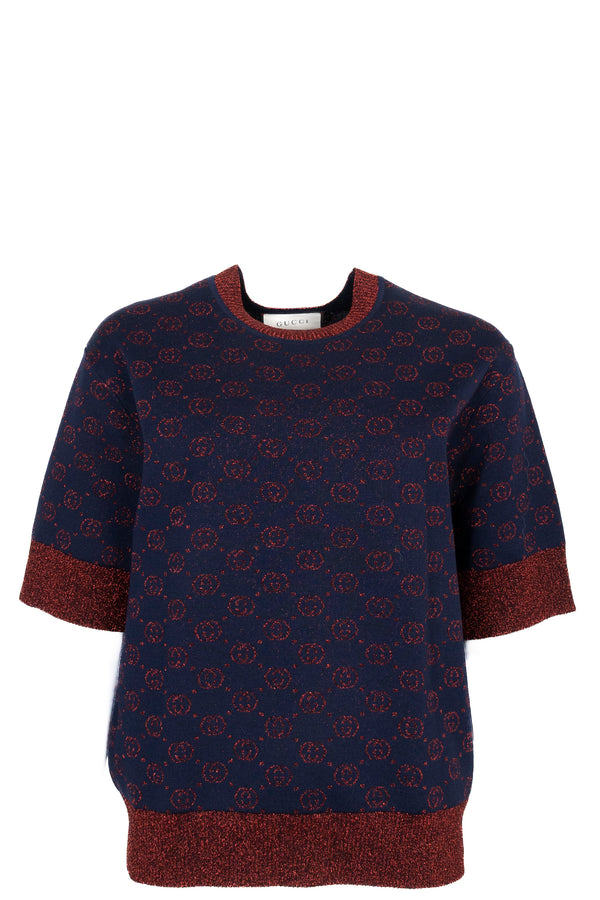 GUCCI GG Lurex Short Sleeve Knit Shirt Navy Red