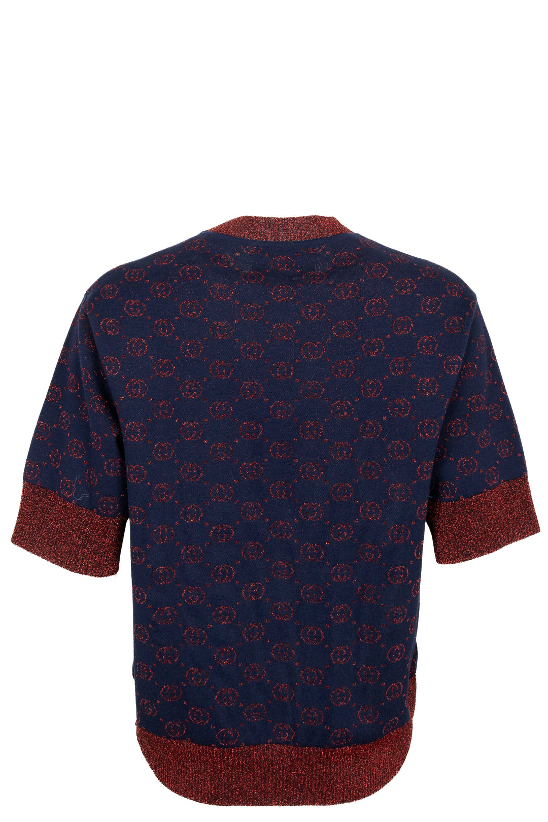 GUCCI GG Lurex Short Sleeve Knit Shirt Navy Red