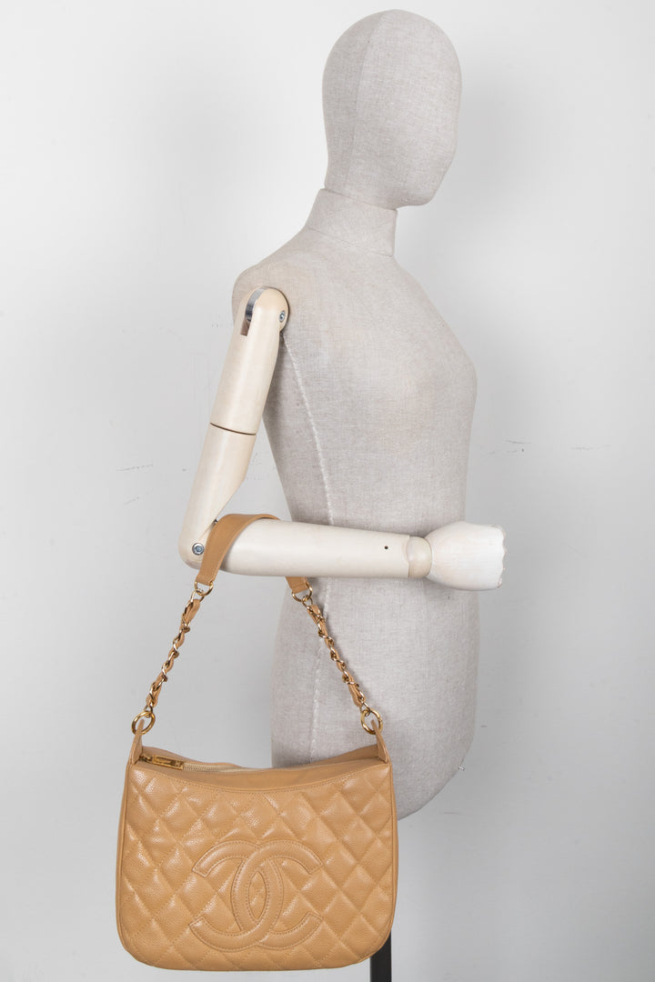 CHANEL CC Quilted Shoulder Bag Caviar Beige