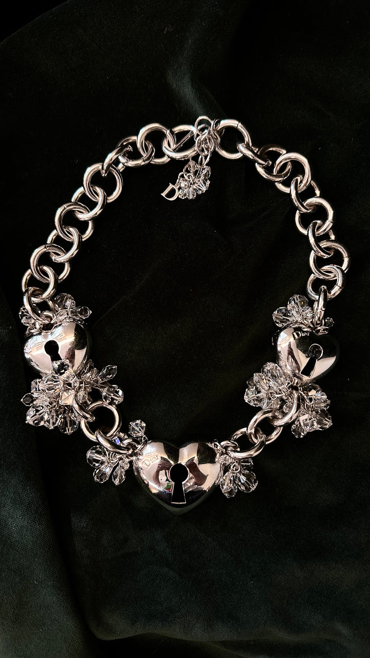CHRISTIAN DIOR Beaded Heart Necklace Silver