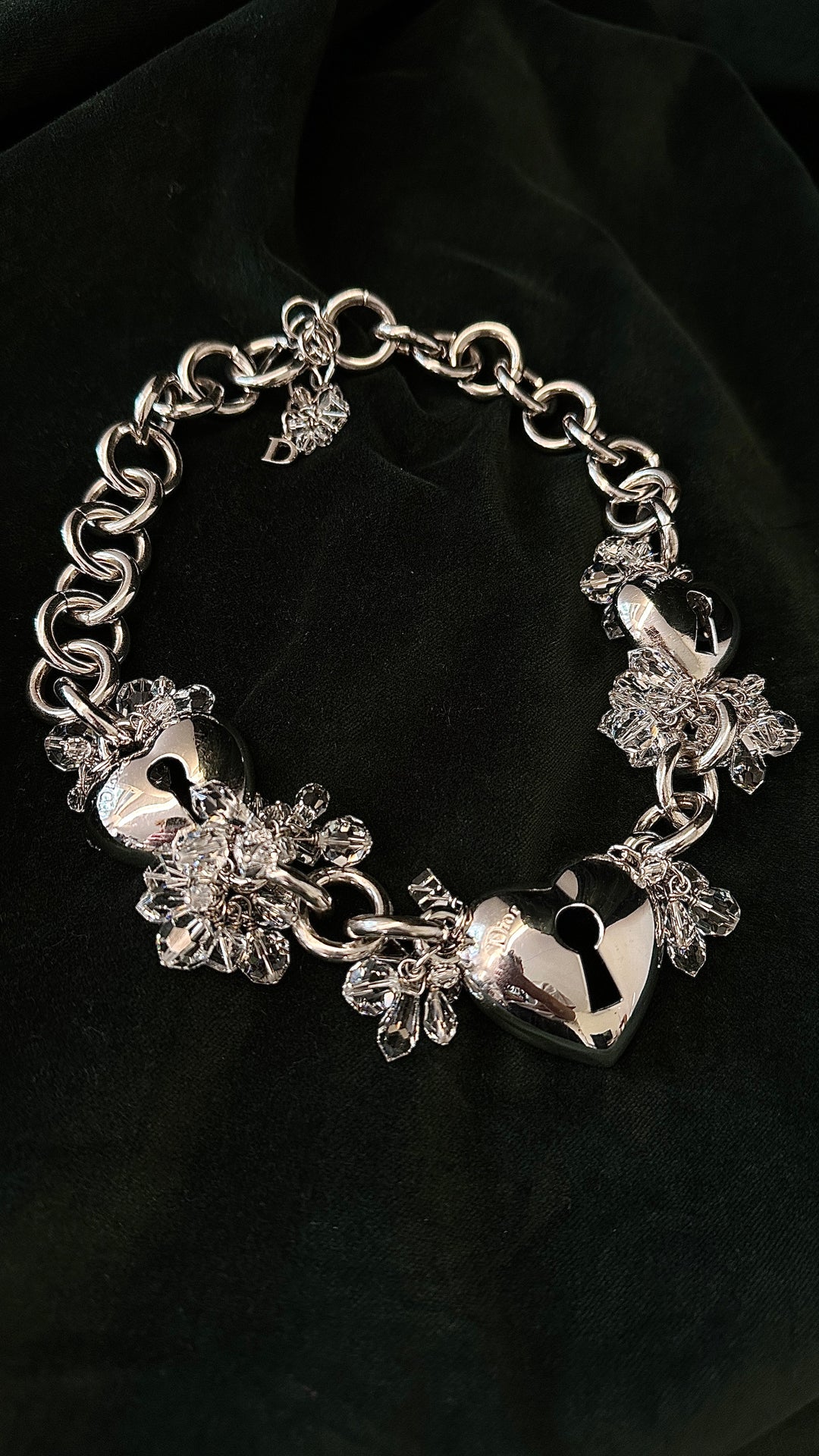 CHRISTIAN DIOR Beaded Heart Necklace Silver
