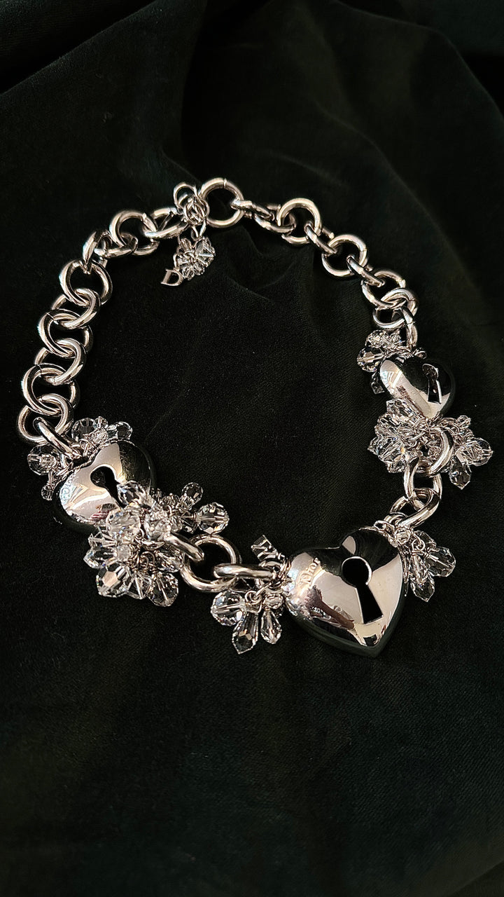 CHRISTIAN DIOR Beaded Heart Necklace Silver
