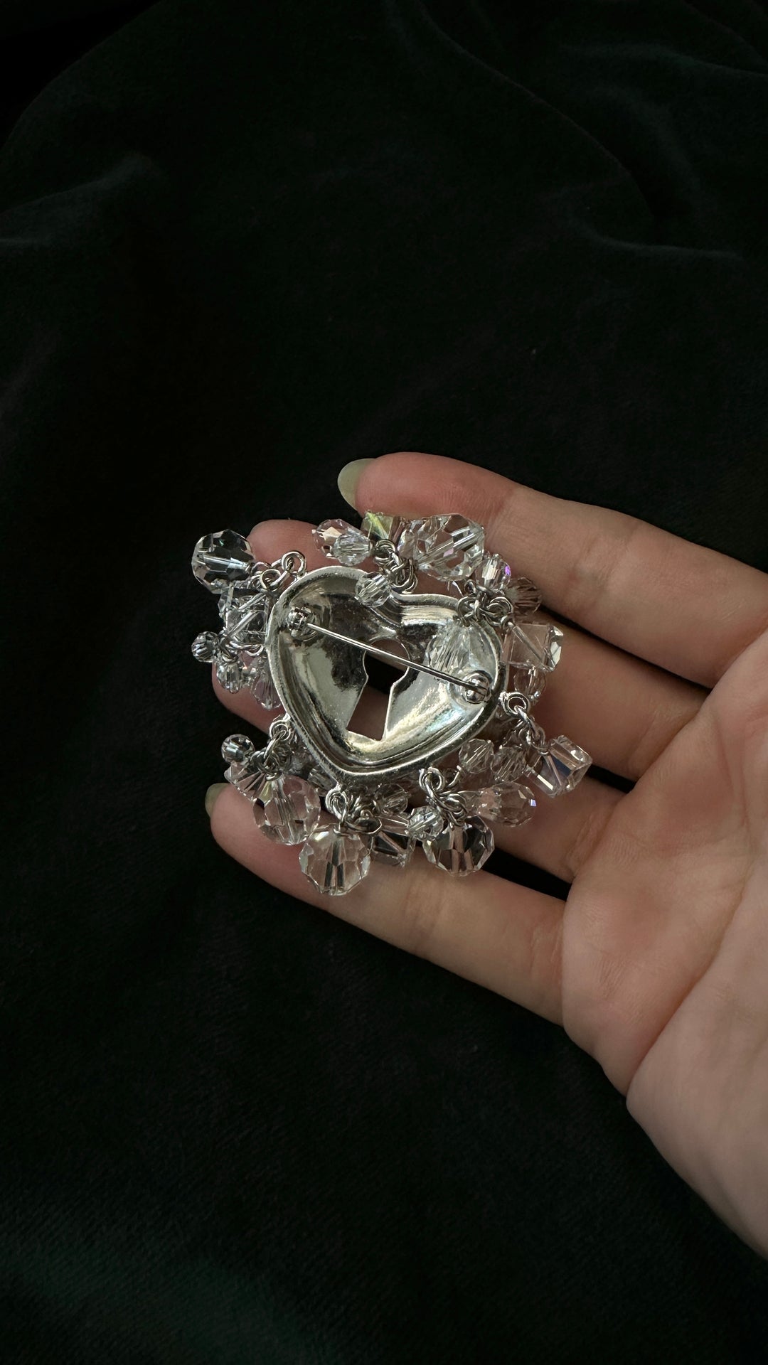 CHRISTIAN DIOR Beaded Heart Brooch Silver