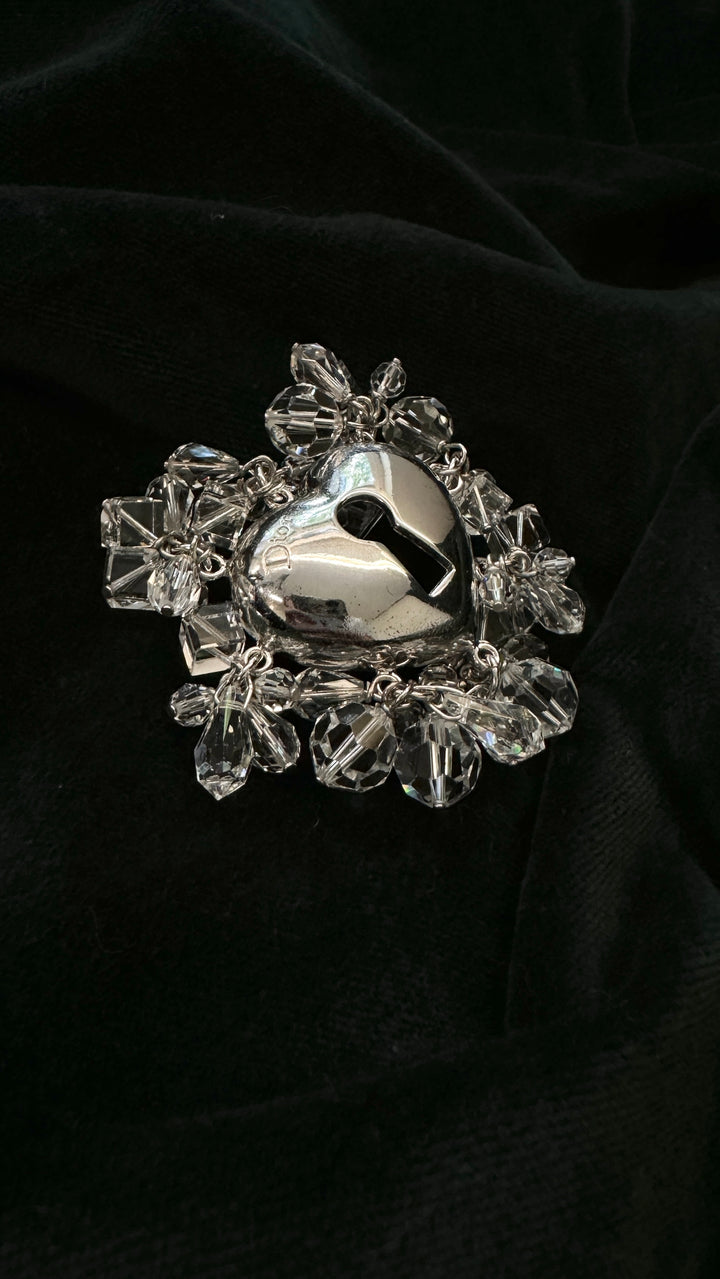 CHRISTIAN DIOR Beaded Heart Brooch Silver