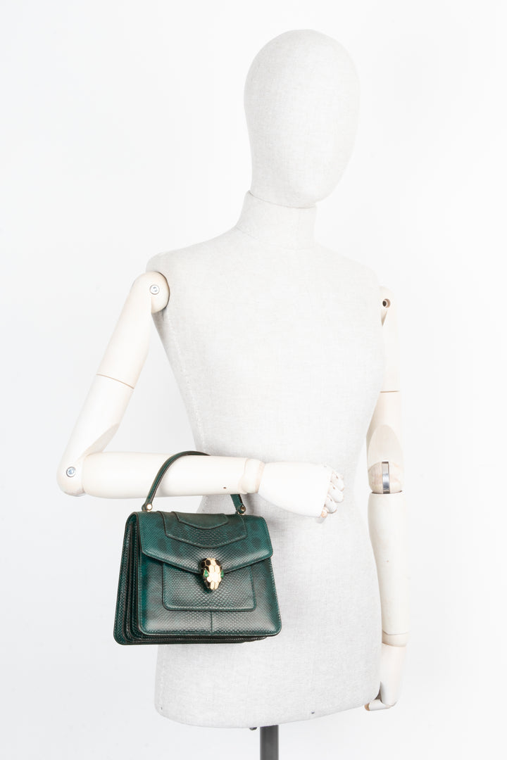 BVLGARI Serpenti Forever Top Handle Bag Karung Leahter Forrest Emerald Green
