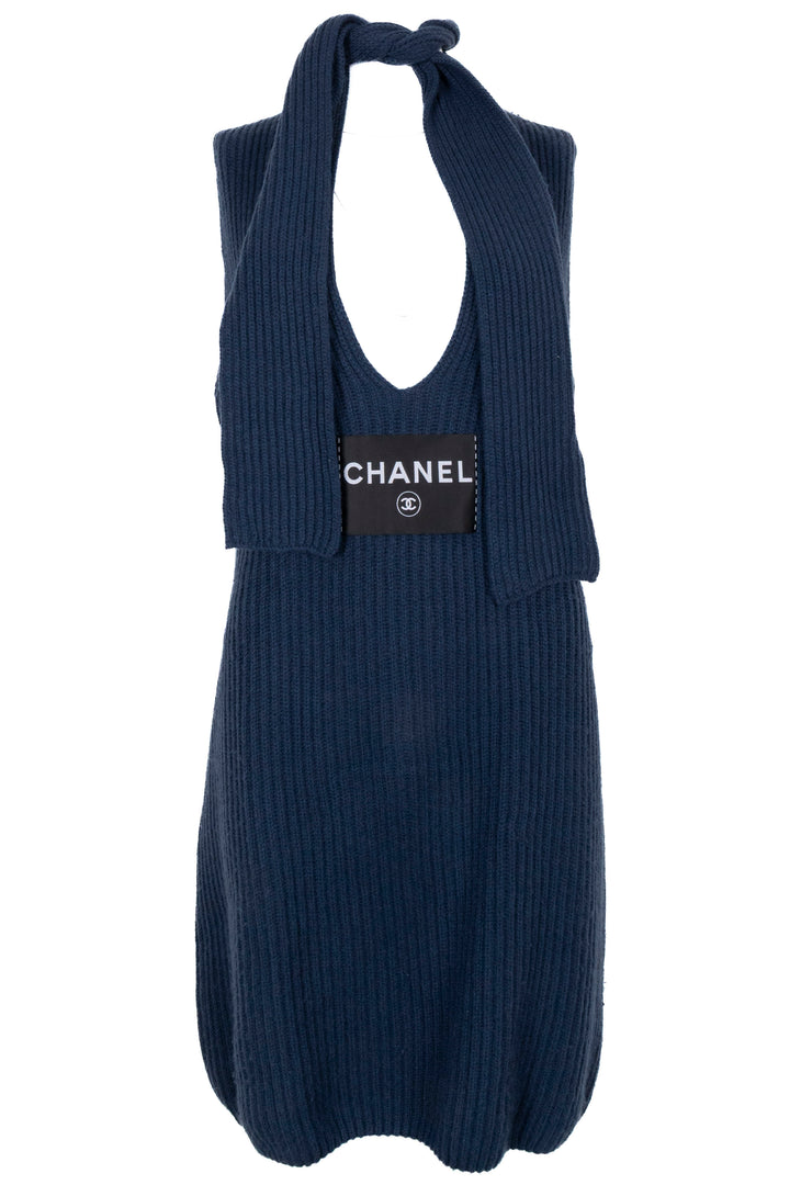 CHANEL 2008 Logo Knit Dress Blue