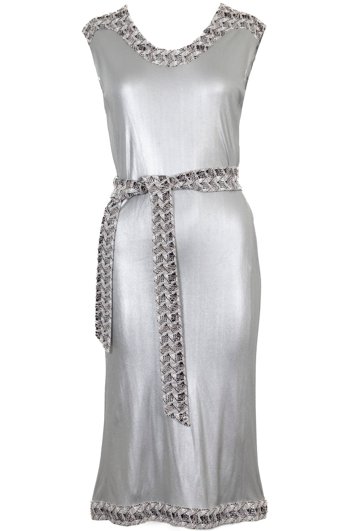 CHANEL Belted Long Dress Metallic Silver