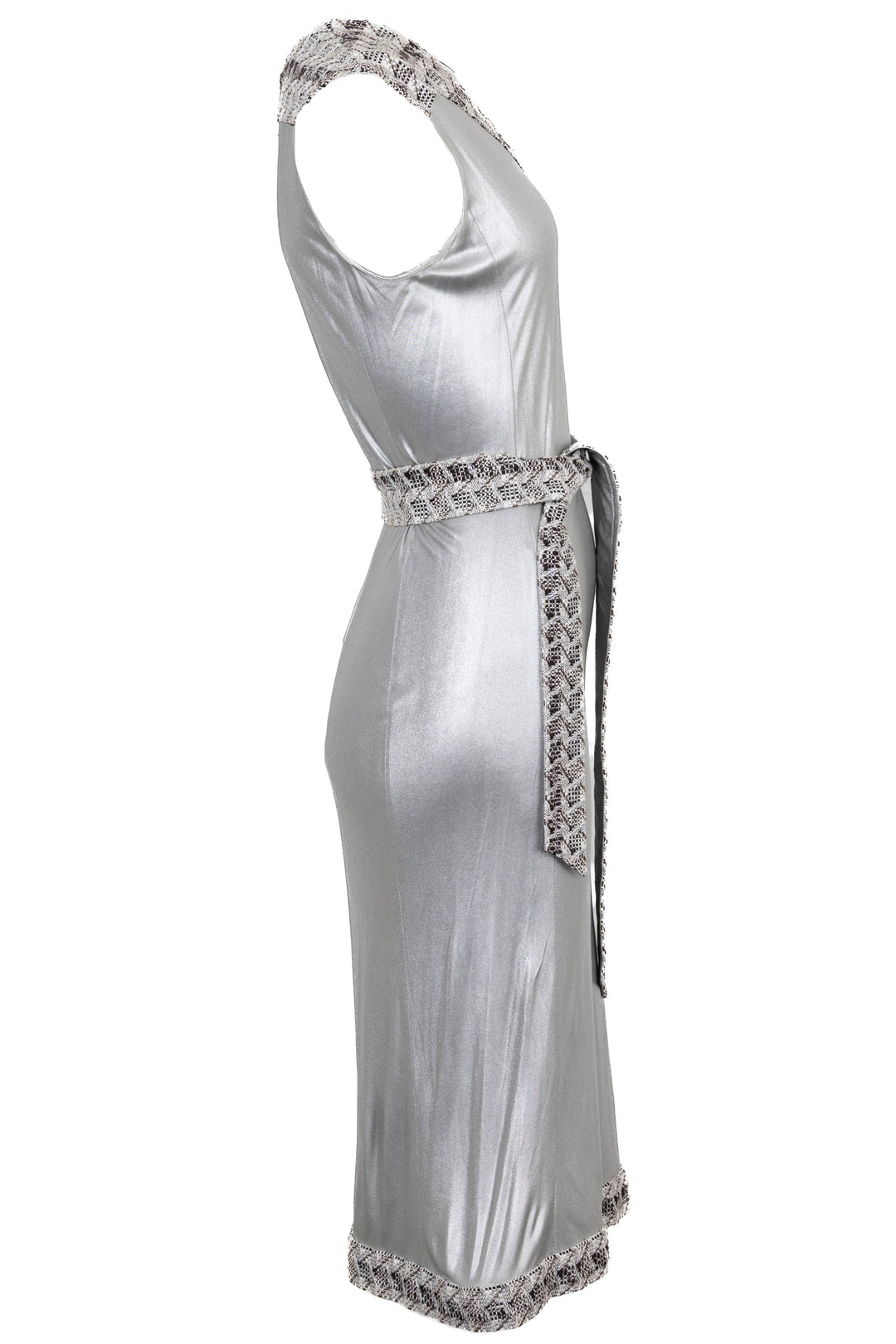 CHANEL Belted Long Dress Metallic Silver