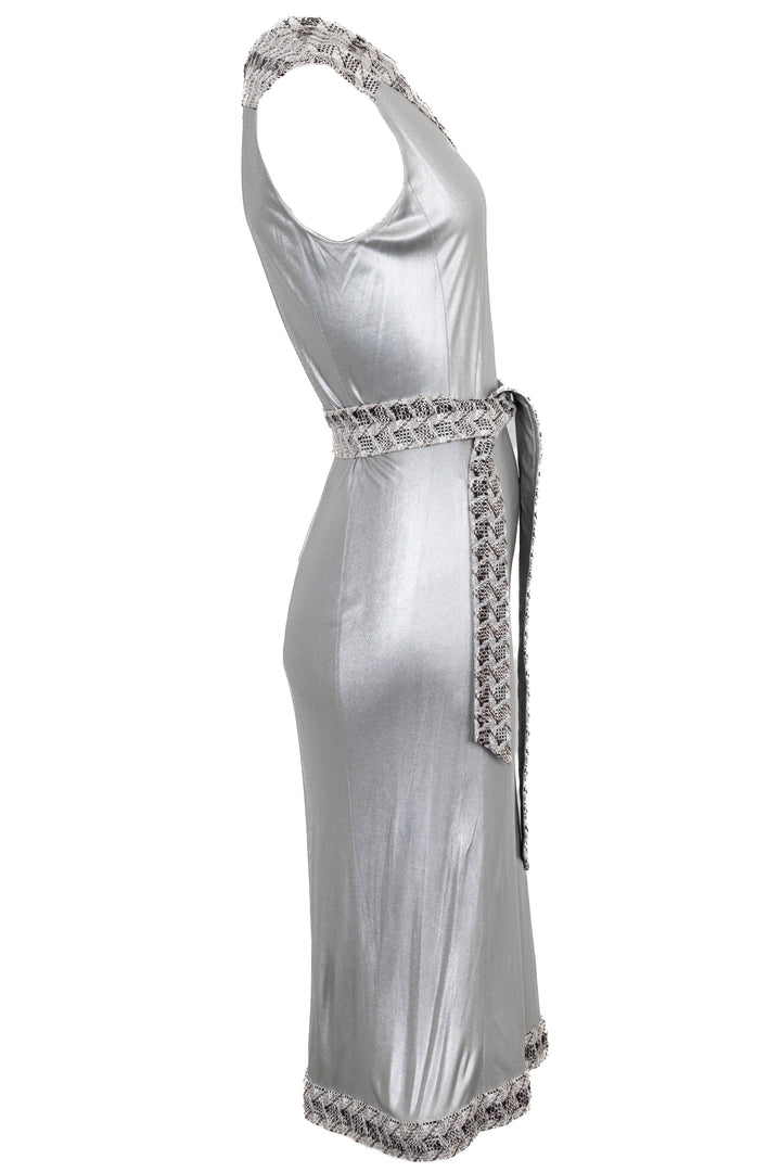 CHANEL Belted Long Dress Metallic Silver