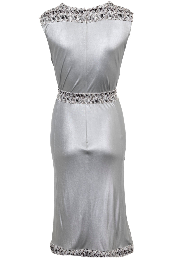 CHANEL Belted Long Dress Metallic Silver
