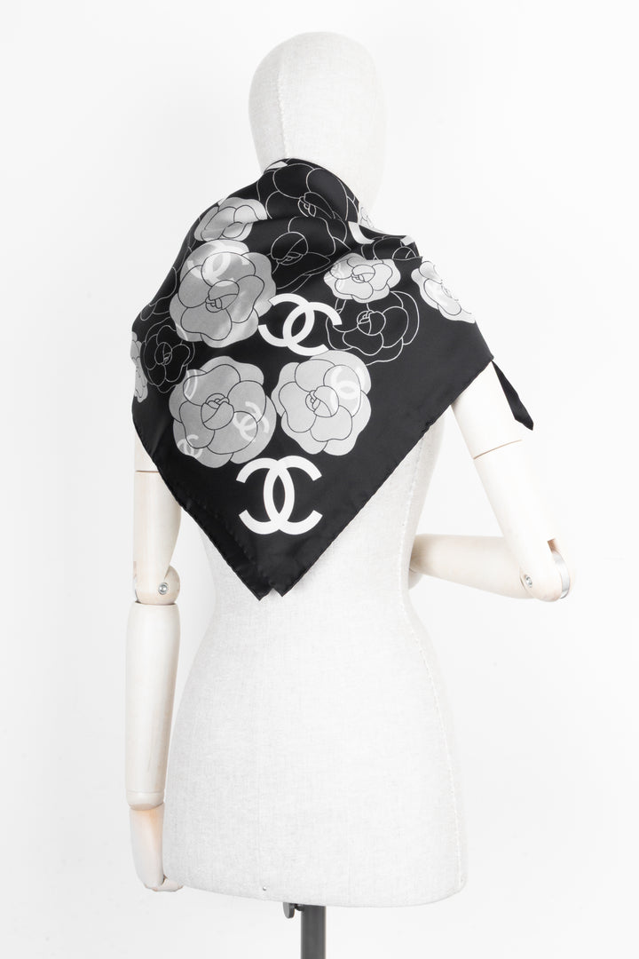 CHANEL CC Camellia Scarf Silk Black White