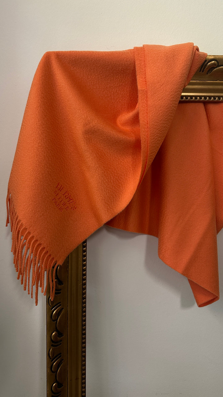 HERMÈS Sellier Fringed Scarf Cashmere Orange