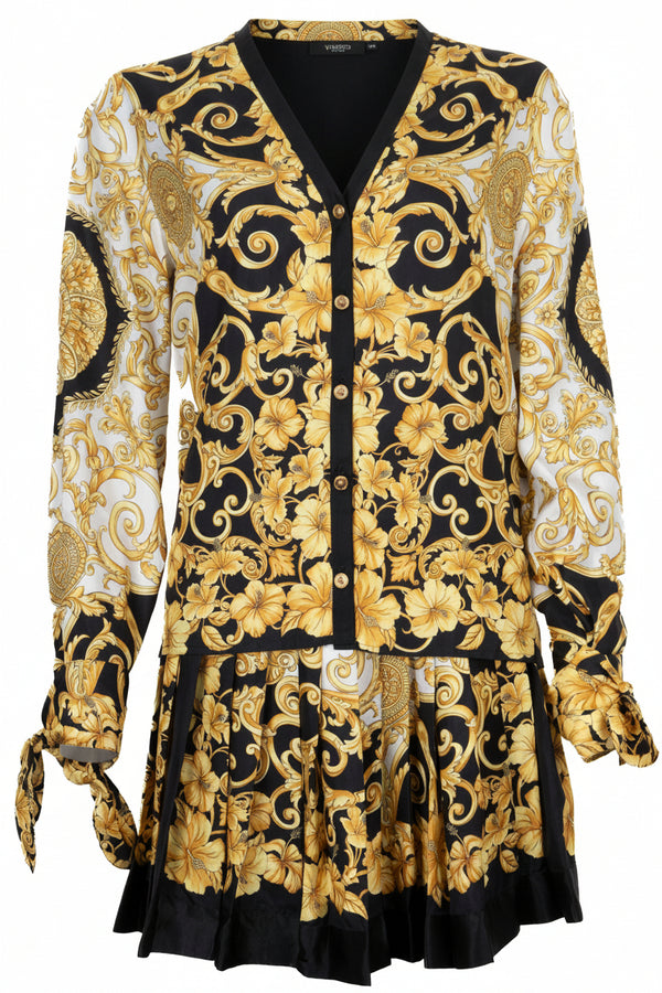 VERSACE Barocco Print Two Piece Silk Gold Black