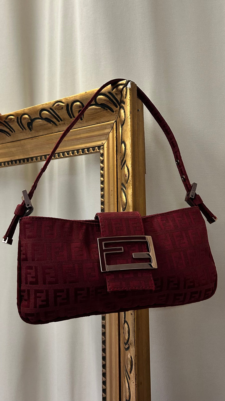FENDI Mini Baguette Shoulder Bag Red Canvas