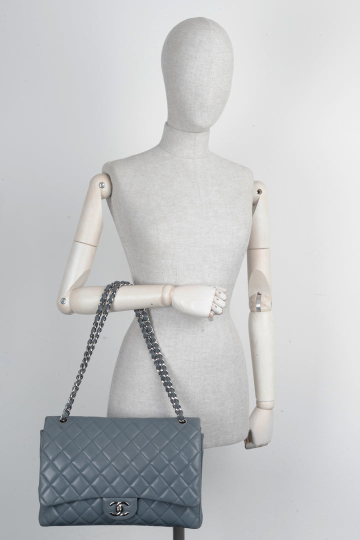 CHANEL Maxi Double Flap Bag Leather Blue