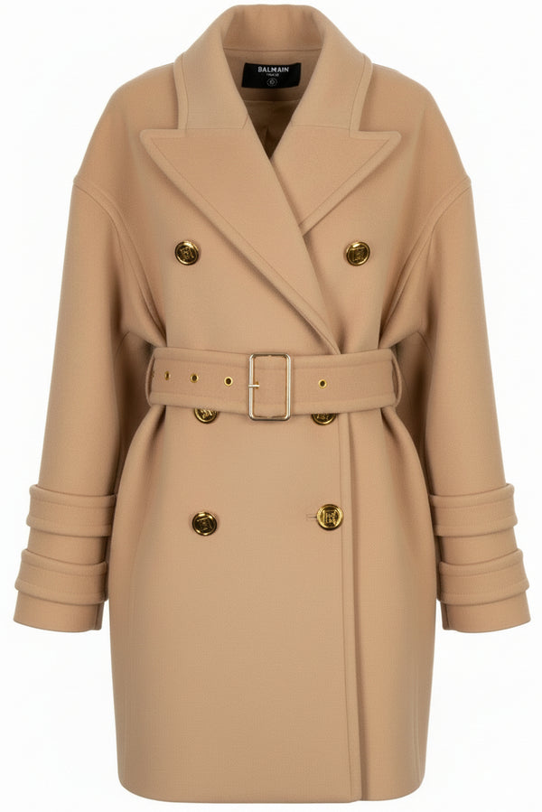 Manteau court croisé à ceinture oversize BALMAIN beige